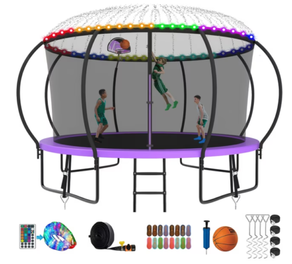 Kumix Trampoline 8 10 12 14 15 16FT, 1200LBS Upgraded Trampoline for 1-2 Adults/ 6-7 Kids with Light, Sprinkler, Socks, Recreational Trampoline with Basketball Hoop, Wind Stakes, No Gap Trampoline