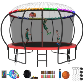 Kumix Trampoline 8 10 12 14 15 16FT, 1200LBS Upgraded Trampoline for 1-2 Adults/ 6-7 Kids with Light, Sprinkler, Socks, Recreational Trampoline with Basketball Hoop, Wind Stakes, No Gap Trampoline