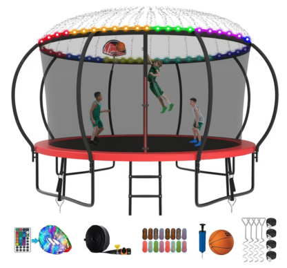 Kumix Trampoline 8 10 12 14 15 16FT, 1200LBS Upgraded Trampoline for 1-2 Adults/ 6-7 Kids with Light, Sprinkler, Socks, Recreational Trampoline with Basketball Hoop, Wind Stakes, No Gap Trampoline