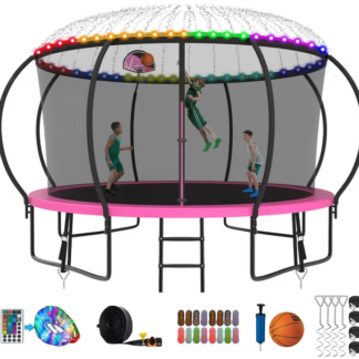 Kumix Trampoline 8 10 12 14 15 16FT, 1200LBS Upgraded Trampoline for 1-2 Adults/ 6-7 Kids with Light, Sprinkler, Socks, Recreational Trampoline with Basketball Hoop, Wind Stakes, No Gap Trampoline