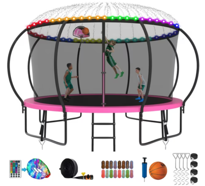 Kumix Trampoline 8 10 12 14 15 16FT, 1200LBS Upgraded Trampoline for 1-2 Adults/ 6-7 Kids with Light, Sprinkler, Socks, Recreational Trampoline with Basketball Hoop, Wind Stakes, No Gap Trampoline