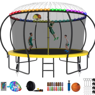 Kumix Trampoline 8 10 12 14 15 16FT, 1200LBS Upgraded Trampoline for 1-2 Adults/ 6-7 Kids with Light, Sprinkler, Socks, Recreational Trampoline with Basketball Hoop, Wind Stakes, No Gap Trampoline