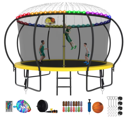 Kumix Trampoline 8 10 12 14 15 16FT, 1200LBS Upgraded Trampoline for 1-2 Adults/ 6-7 Kids with Light, Sprinkler, Socks, Recreational Trampoline with Basketball Hoop, Wind Stakes, No Gap Trampoline