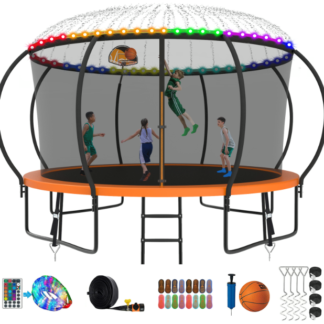 Kumix Trampoline 8 10 12 14 15 16FT, 1400LBS Upgraded Trampoline for 2-3 Adults/ 7-8 Kids with Light, Sprinkler, Socks, Recreational Trampoline with Basketball Hoop, Wind Stakes, No Gap Trampoline
