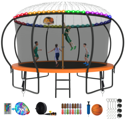 Kumix Trampoline 8 10 12 14 15 16FT, 1400LBS Upgraded Trampoline for 2-3 Adults/ 7-8 Kids with Light, Sprinkler, Socks, Recreational Trampoline with Basketball Hoop, Wind Stakes, No Gap Trampoline