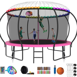 Kumix Trampoline 8 10 12 14 15 16FT, 1400LBS Upgraded Trampoline for 2-3 Adults/ 7-8 Kids with Light, Sprinkler, Socks, Recreational Trampoline with Basketball Hoop, Wind Stakes, No Gap Trampoline