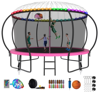 Kumix Trampoline 8 10 12 14 15 16FT, 1400LBS Upgraded Trampoline for 2-3 Adults/ 7-8 Kids with Light, Sprinkler, Socks, Recreational Trampoline with Basketball Hoop, Wind Stakes, No Gap Trampoline
