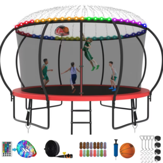 Kumix Trampoline 8 10 12 14 15 16FT, 1400LBS Upgraded Trampoline for 2-3 Adults/ 7-8 Kids with Light, Sprinkler, Socks, Recreational Trampoline with Basketball Hoop, Wind Stakes, No Gap Trampoline