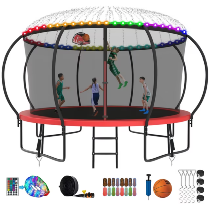 Kumix Trampoline 8 10 12 14 15 16FT, 1400LBS Upgraded Trampoline for 2-3 Adults/ 7-8 Kids with Light, Sprinkler, Socks, Recreational Trampoline with Basketball Hoop, Wind Stakes, No Gap Trampoline