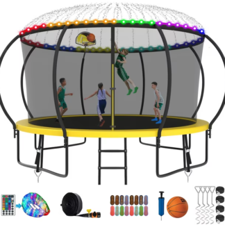 Kumix Trampoline 8 10 12 14 15 16FT, 1400LBS Upgraded Trampoline for 2-3 Adults/ 7-8 Kids with Light, Sprinkler, Socks, Recreational Trampoline with Basketball Hoop, Wind Stakes, No Gap Trampoline