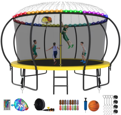 Kumix Trampoline 8 10 12 14 15 16FT, 1400LBS Upgraded Trampoline for 2-3 Adults/ 7-8 Kids with Light, Sprinkler, Socks, Recreational Trampoline with Basketball Hoop, Wind Stakes, No Gap Trampoline