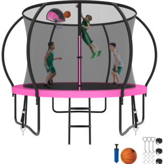 Kumix Trampoline 8 10 12 14 15 16FT, 1000LBS Upgraded Trampoline for 3-4 Kids, Recreational Trampoline with Enclosure, Basketball Hoop, Wind Stakes, Outdoor No Gap Galvanized Full Spray Trampoline