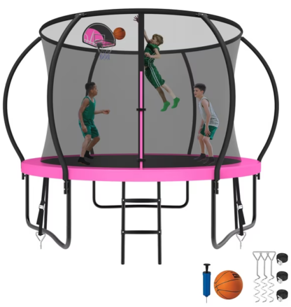 Kumix Trampoline 8 10 12 14 15 16FT, 1000LBS Upgraded Trampoline for 3-4 Kids, Recreational Trampoline with Enclosure, Basketball Hoop, Wind Stakes, Outdoor No Gap Galvanized Full Spray Trampoline