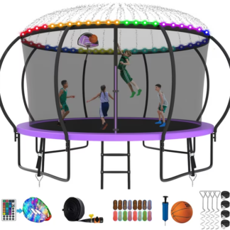 Kumix Trampoline 8 10 12 14 15 16FT, 1400LBS Upgraded Trampoline for 2-3 Adults/ 7-8 Kids with Light, Sprinkler, Socks, Recreational Trampoline with Basketball Hoop, Wind Stakes, No Gap Trampoline