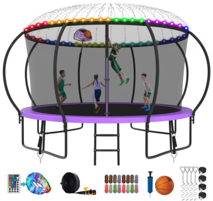 Kumix Trampoline 8 10 12 14 15 16FT, 1400LBS Upgraded Trampoline for 2-3 Adults/ 7-8 Kids with Light, Sprinkler, Socks, Recreational Trampoline with Basketball Hoop, Wind Stakes, No Gap Trampoline