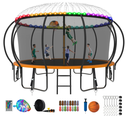 Kumix Trampoline 8 10 12 14 15 16FT, 1500LBS Upgraded Trampoline for 3-4 Adults/ 8-9 Kids with Light, Sprinkler, Socks, Recreational Trampoline with Basketball Hoop, Wind Stakes, No Gap Trampoline
