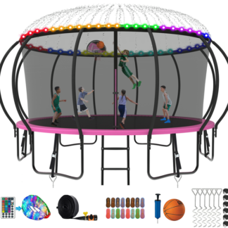 Kumix Trampoline 8 10 12 14 15 16FT, 1500LBS Upgraded Trampoline for 3-4 Adults/ 8-9 Kids with Light, Sprinkler, Socks, Recreational Trampoline with Basketball Hoop, Wind Stakes, No Gap Trampoline