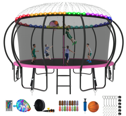 Kumix Trampoline 8 10 12 14 15 16FT, 1500LBS Upgraded Trampoline for 3-4 Adults/ 8-9 Kids with Light, Sprinkler, Socks, Recreational Trampoline with Basketball Hoop, Wind Stakes, No Gap Trampoline
