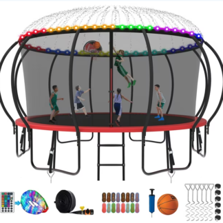 Kumix Trampoline 8 10 12 14 15 16FT, 1500LBS Upgraded Trampoline for 3-4 Adults/ 8-9 Kids with Light, Sprinkler, Socks, Recreational Trampoline with Basketball Hoop, Wind Stakes, No Gap Trampoline