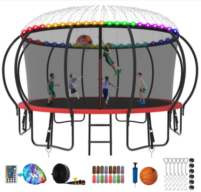 Kumix Trampoline 8 10 12 14 15 16FT, 1500LBS Upgraded Trampoline for 3-4 Adults/ 8-9 Kids with Light, Sprinkler, Socks, Recreational Trampoline with Basketball Hoop, Wind Stakes, No Gap Trampoline