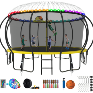 Kumix Trampoline 8 10 12 14 15 16FT, 1500LBS Upgraded Trampoline for 3-4 Adults/ 8-9 Kids with Light, Sprinkler, Socks, Recreational Trampoline with Basketball Hoop, Wind Stakes, No Gap Trampoline