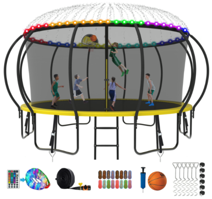 Kumix Trampoline 8 10 12 14 15 16FT, 1500LBS Upgraded Trampoline for 3-4 Adults/ 8-9 Kids with Light, Sprinkler, Socks, Recreational Trampoline with Basketball Hoop, Wind Stakes, No Gap Trampoline