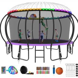 Kumix Trampoline 8 10 12 14 15 16FT, 1500LBS Upgraded Trampoline for 3-4 Adults/ 8-9 Kids with Light, Sprinkler, Socks, Recreational Trampoline with Basketball Hoop, Wind Stakes, No Gap Trampoline