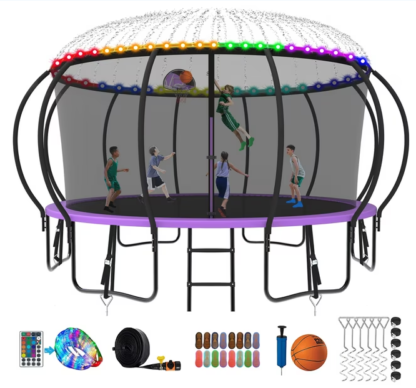 Kumix Trampoline 8 10 12 14 15 16FT, 1500LBS Upgraded Trampoline for 3-4 Adults/ 8-9 Kids with Light, Sprinkler, Socks, Recreational Trampoline with Basketball Hoop, Wind Stakes, No Gap Trampoline