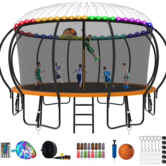 Kumix Trampoline 8 10 12 14 15 16FT, 1500LBS Upgraded Trampoline for 5-6 Adults/ 10 Kids with Light, Sprinkler, Socks, Recreational Trampoline with Basketball Hoop, Wind Stakes, No Gap Trampoline