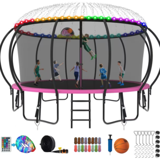 Kumix Trampoline 8 10 12 14 15 16FT, 1500LBS Upgraded Trampoline for 5-6 Adults/ 10 Kids with Light, Sprinkler, Socks, Recreational Trampoline with Basketball Hoop, Wind Stakes, No Gap Trampoline