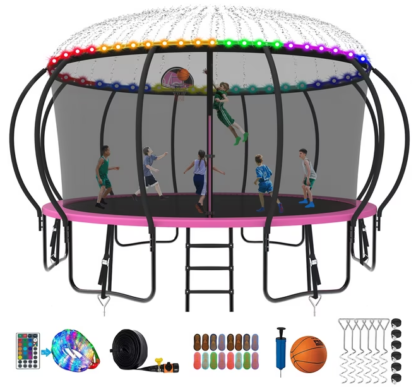 Kumix Trampoline 8 10 12 14 15 16FT, 1500LBS Upgraded Trampoline for 5-6 Adults/ 10 Kids with Light, Sprinkler, Socks, Recreational Trampoline with Basketball Hoop, Wind Stakes, No Gap Trampoline