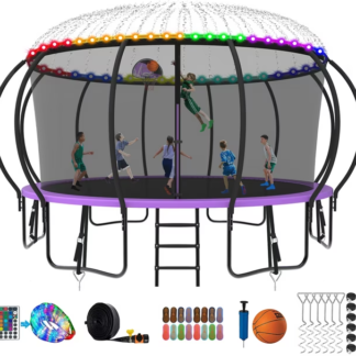 Kumix Trampoline 8 10 12 14 15 16FT, 1500LBS Upgraded Trampoline for 5-6 Adults/ 10 Kids with Light, Sprinkler, Socks, Recreational Trampoline with Basketball Hoop, Wind Stakes, No Gap Trampoline