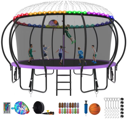 Kumix Trampoline 8 10 12 14 15 16FT, 1500LBS Upgraded Trampoline for 5-6 Adults/ 10 Kids with Light, Sprinkler, Socks, Recreational Trampoline with Basketball Hoop, Wind Stakes, No Gap Trampoline