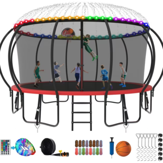 Kumix Trampoline 8 10 12 14 15 16FT, 1500LBS Upgraded Trampoline for 5-6 Adults/ 10 Kids with Light, Sprinkler, Socks, Recreational Trampoline with Basketball Hoop, Wind Stakes, No Gap Trampoline