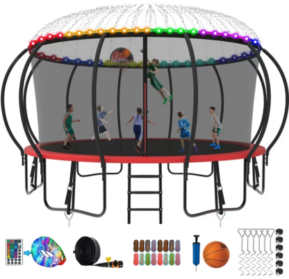 Kumix Trampoline 8 10 12 14 15 16FT, 1500LBS Upgraded Trampoline for 5-6 Adults/ 10 Kids with Light, Sprinkler, Socks, Recreational Trampoline with Basketball Hoop, Wind Stakes, No Gap Trampoline