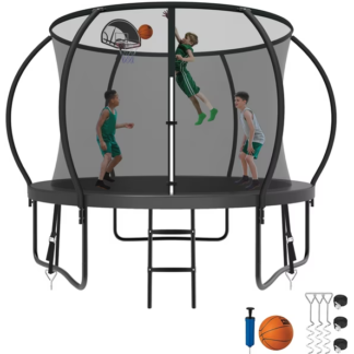 Kumix Trampoline 8 10 12 14 15 16FT, 1000LBS Upgraded Trampoline for 3-4 Kids, Recreational Trampoline with Enclosure, Basketball Hoop, Wind Stakes, Outdoor No Gap Galvanized Full Spray Trampoline