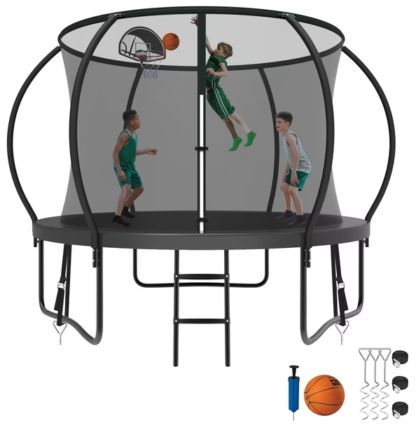 Kumix Trampoline 8 10 12 14 15 16FT, 1000LBS Upgraded Trampoline for 3-4 Kids, Recreational Trampoline with Enclosure, Basketball Hoop, Wind Stakes, Outdoor No Gap Galvanized Full Spray Trampoline