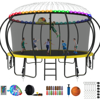 Kumix Trampoline 8 10 12 14 15 16FT, 1500LBS Upgraded Trampoline for 5-6 Adults/ 10 Kids with Light, Sprinkler, Socks, Recreational Trampoline with Basketball Hoop, Wind Stakes, No Gap Trampoline