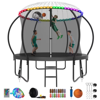 Kumix Trampoline 8 10 12 14 15 16FT, 1000LBS Upgraded Trampoline for 3-4 Kids with Light, Sprinkler, Socks, Recreational Trampoline with Basketball Hoop, Wind Stakes, Outdoor No Gap Dsign Trampoline