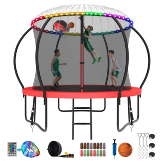 Kumix Trampoline 8 10 12 14 15 16FT, 1000LBS Upgraded Trampoline for 3-4 Kids with Light, Sprinkler, Socks, Recreational Trampoline with Basketball Hoop, Wind Stakes, Outdoor No Gap Dsign Trampoline