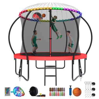Kumix Trampoline 8 10 12 14 15 16FT, 1000LBS Upgraded Trampoline for 3-4 Kids with Light, Sprinkler, Socks, Recreational Trampoline with Basketball Hoop, Wind Stakes, Outdoor No Gap Dsign Trampoline