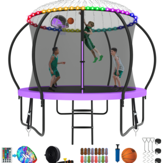 Kumix Trampoline 8 10 12 14 15 16FT, 1000LBS Upgraded Trampoline for 3-4 Kids with Light, Sprinkler, Socks, Recreational Trampoline with Basketball Hoop, Wind Stakes, Outdoor No Gap Dsign Trampoline