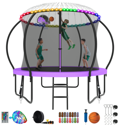 Kumix Trampoline 8 10 12 14 15 16FT, 1000LBS Upgraded Trampoline for 3-4 Kids with Light, Sprinkler, Socks, Recreational Trampoline with Basketball Hoop, Wind Stakes, Outdoor No Gap Dsign Trampoline