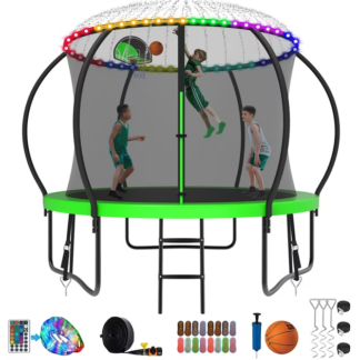 Kumix Trampoline 8 10 12 14 15 16FT, 1000LBS Upgraded Trampoline for 3-4 Kids with Light, Sprinkler, Socks, Recreational Trampoline with Basketball Hoop, Wind Stakes, Outdoor No Gap Dsign Trampoline