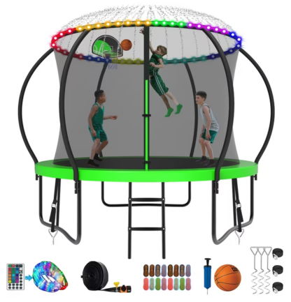 Kumix Trampoline 8 10 12 14 15 16FT, 1000LBS Upgraded Trampoline for 3-4 Kids with Light, Sprinkler, Socks, Recreational Trampoline with Basketball Hoop, Wind Stakes, Outdoor No Gap Dsign Trampoline