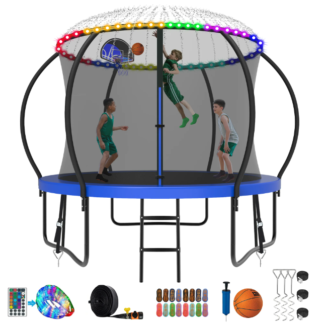 Kumix Trampoline 8 10 12 14 15 16FT, 1000LBS Upgraded Trampoline for 3-4 Kids with Light, Sprinkler, Socks, Recreational Trampoline with Basketball Hoop, Wind Stakes, Outdoor No Gap Dsign Trampoline