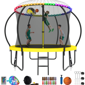 Kumix Trampoline 8 10 12 14 15 16FT, 1000LBS Upgraded Trampoline for 3-4 Kids with Light, Sprinkler, Socks, Recreational Trampoline with Basketball Hoop, Wind Stakes, Outdoor No Gap Dsign Trampoline