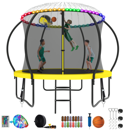 Kumix Trampoline 8 10 12 14 15 16FT, 1000LBS Upgraded Trampoline for 3-4 Kids with Light, Sprinkler, Socks, Recreational Trampoline with Basketball Hoop, Wind Stakes, Outdoor No Gap Dsign Trampoline