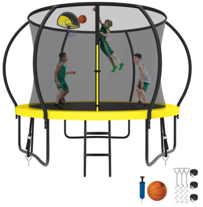 Kumix Trampoline 8 10 12 14 15 16FT, 1000LBS Upgraded Trampoline for 3-4 Kids, Recreational Trampoline with Enclosure, Basketball Hoop, Wind Stakes, Outdoor No Gap Galvanized Full Spray Trampoline