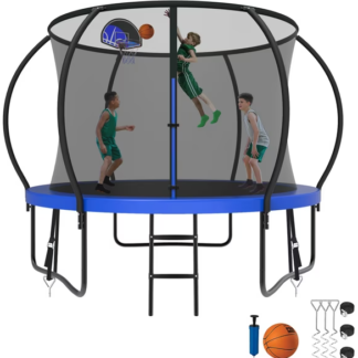 Kumix Trampoline 8 10 12 14 15 16FT, 1000LBS Upgraded Trampoline for 3-4 Kids, Recreational Trampoline with Enclosure, Basketball Hoop, Wind Stakes, Outdoor No Gap Galvanized Full Spray Trampoline